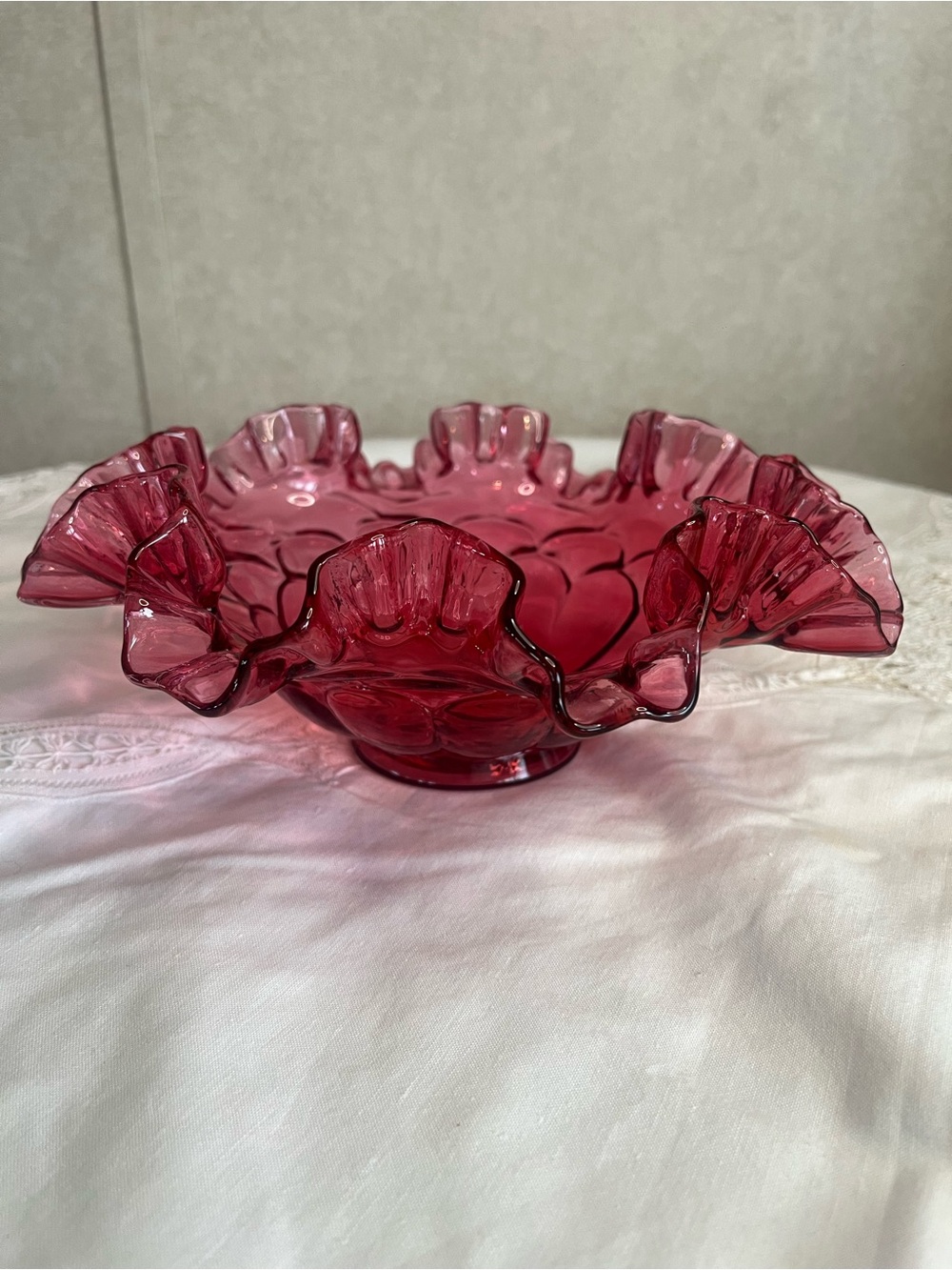 Vintage Fenton Ruffled Edge Cranberry Glass Decorative Bowl